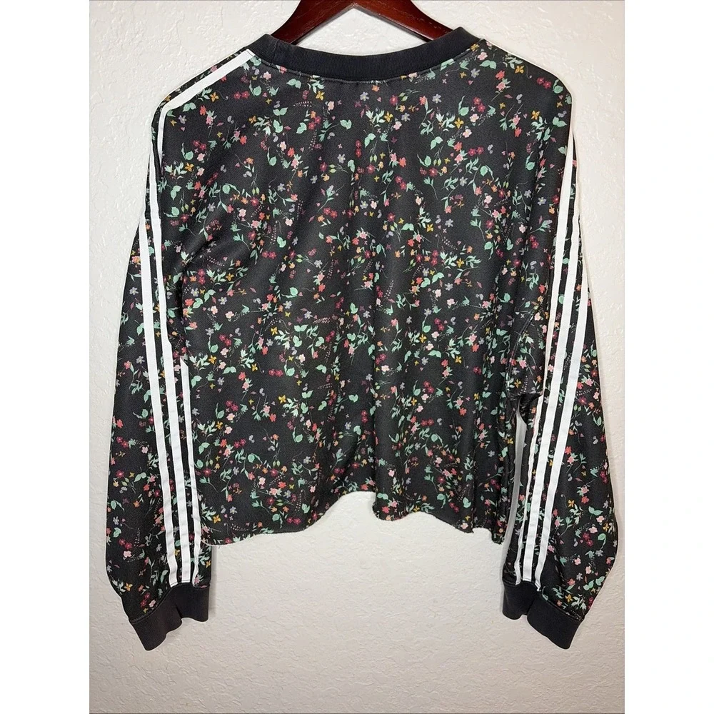 Adidas Originals Black Floral Long Sleeve Oversized Sweatshirt CROPPED, Size L